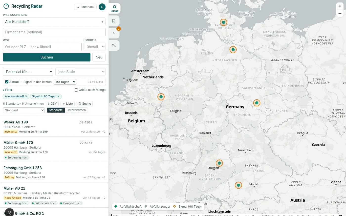 Recycling Radar: map of the recycling industry with search filters and a list of signals